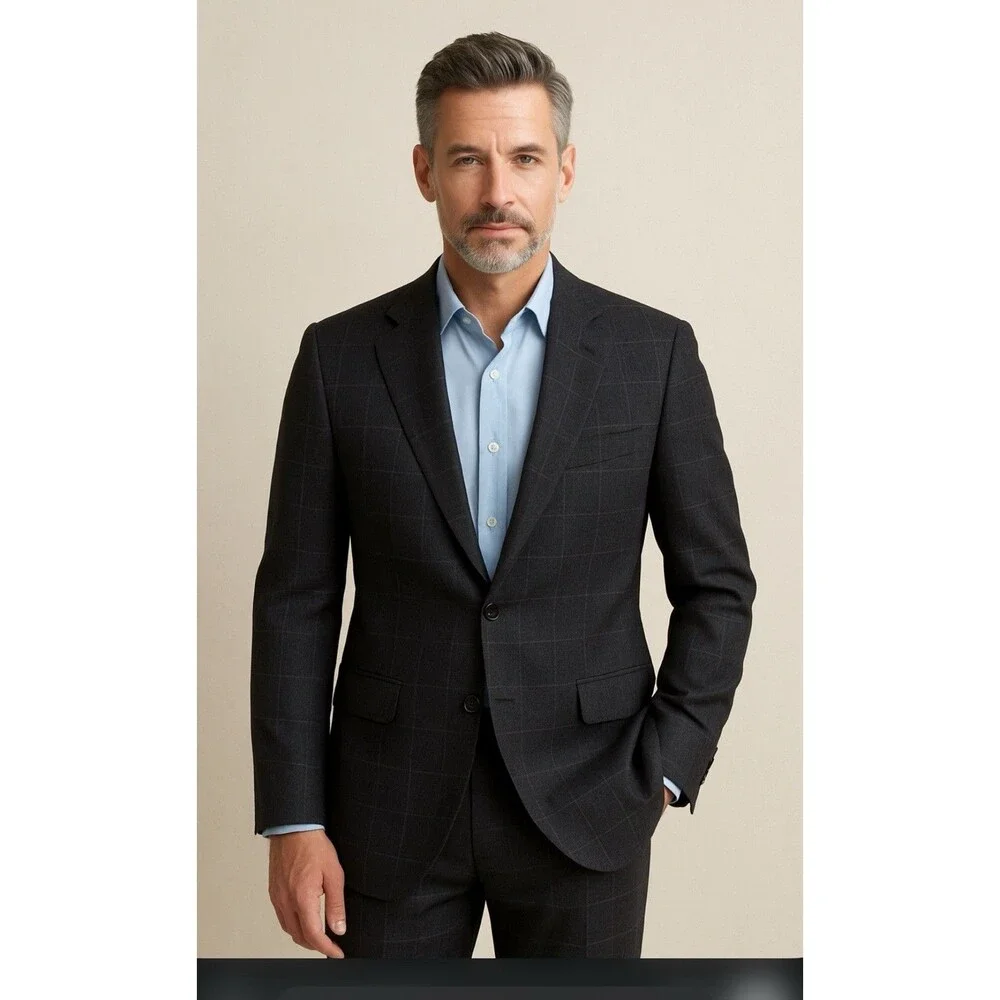 JOS A BANK mens charcoal gray GRID WINDOWPANE wool sport coat jacket blazer 44 L